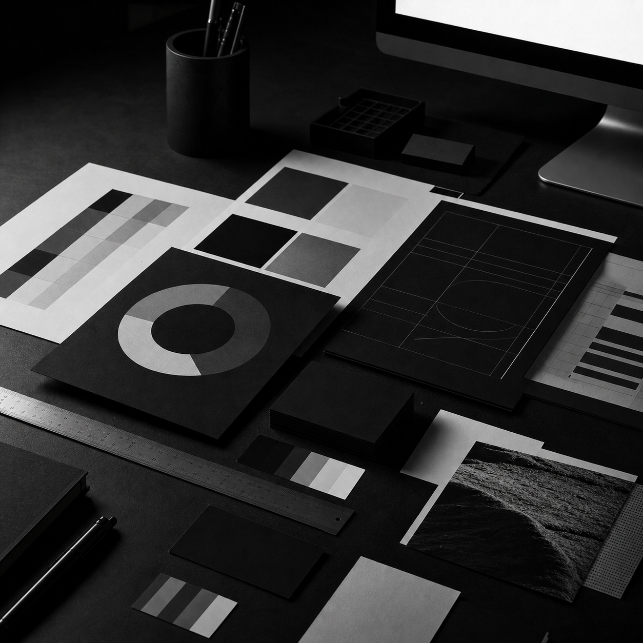 AI generated monochrome graphic design studio desk
